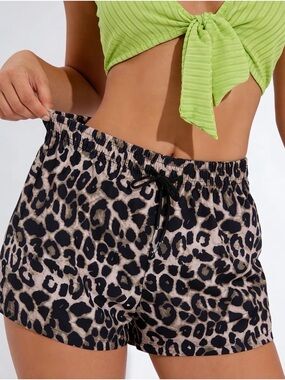 Leopard Print Drawstring Lounge Shorts - Black & Cream